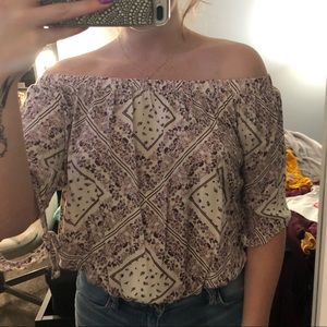 purple, pink and white off the shoulder top